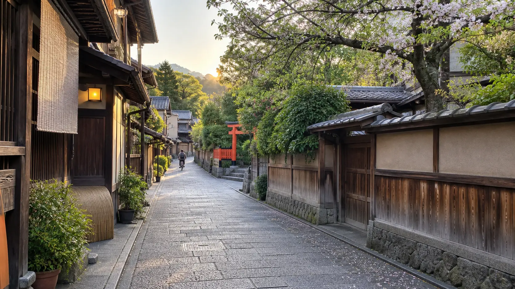 Quiet traditional street in Kyoto, Japan, at dawn