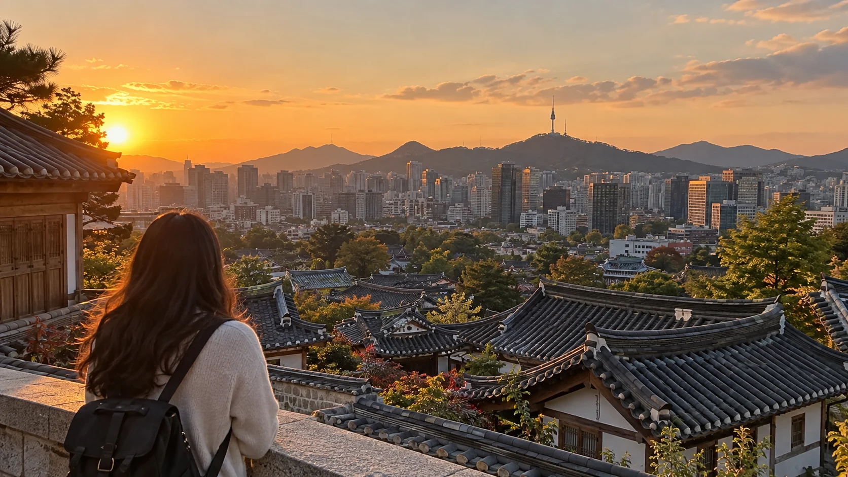 Traditional rooftop, Seoul skyline, and mountains in South Korea