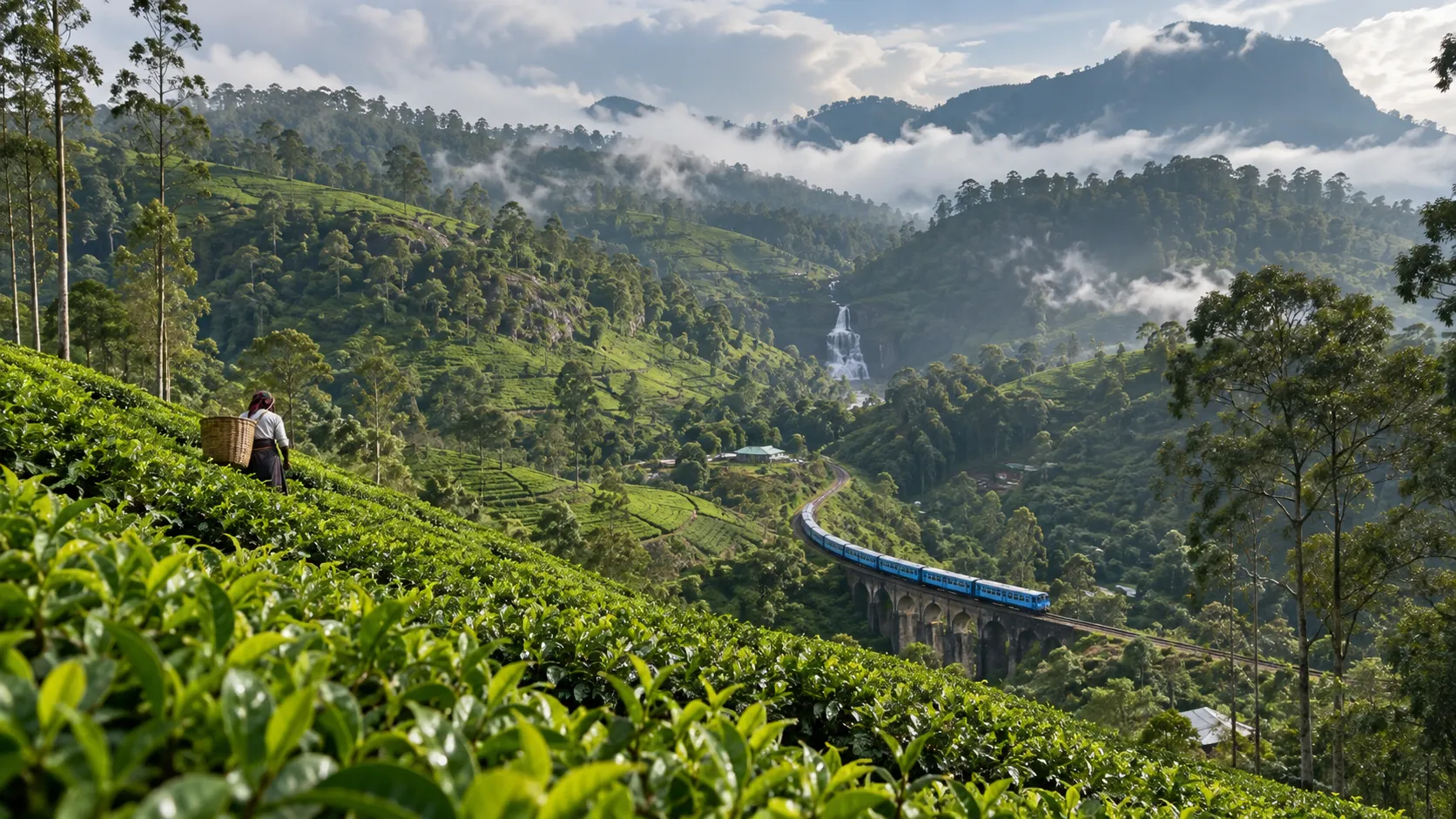 Tea terraces and a distant train in the hills near Ella, Sri Lanka