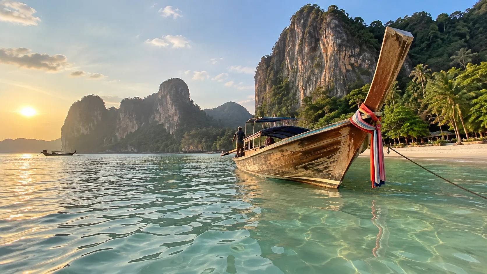 Long-tail boat beneath limestone cliffs in Krabi, Thailand