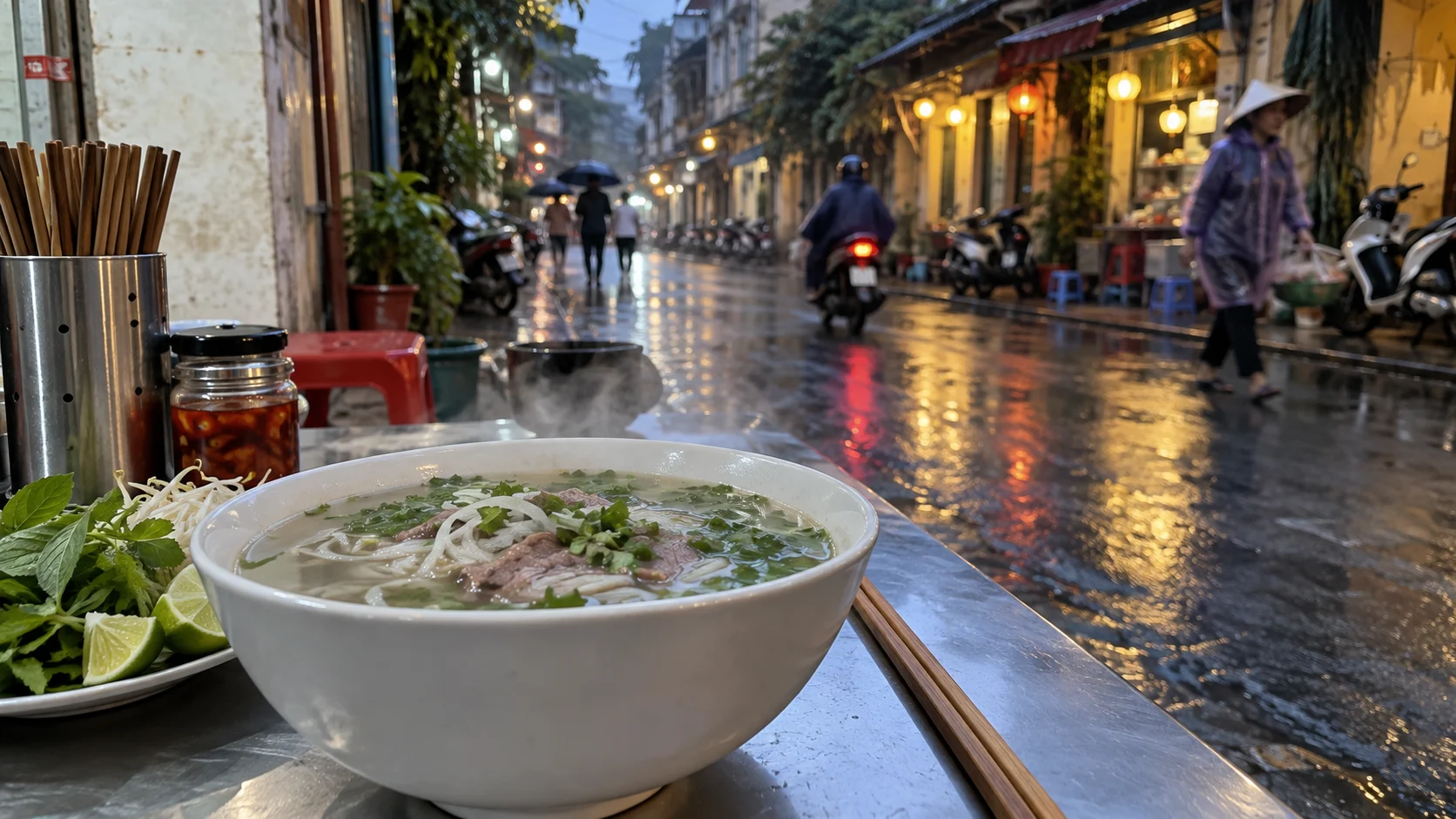 Bowl of pho beside a rainy street in Hanoi, Vietnam