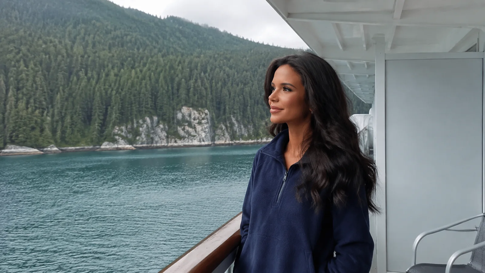 Woman standing on a ship balcony beside a wooded rocky shoreline.