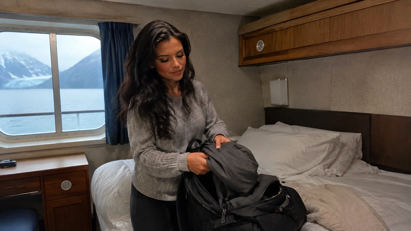 Woman packing a dark jacket into a bag beside a cabin bed.