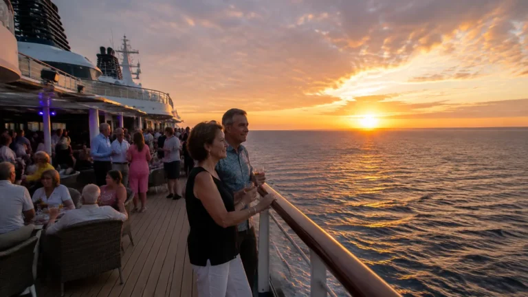 Crowded cruise ship pool deck at sunset