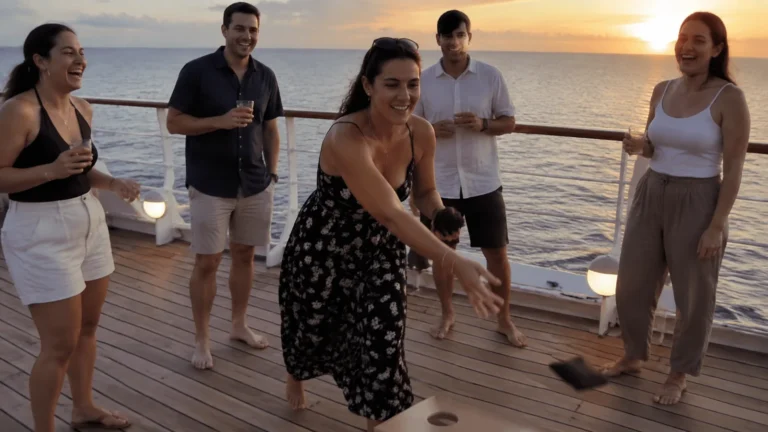 Friends socializing with drinks on a cruise deck at sunset.