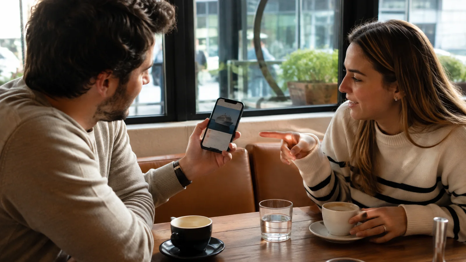 Two travelers discussing something on a phone over coffee.