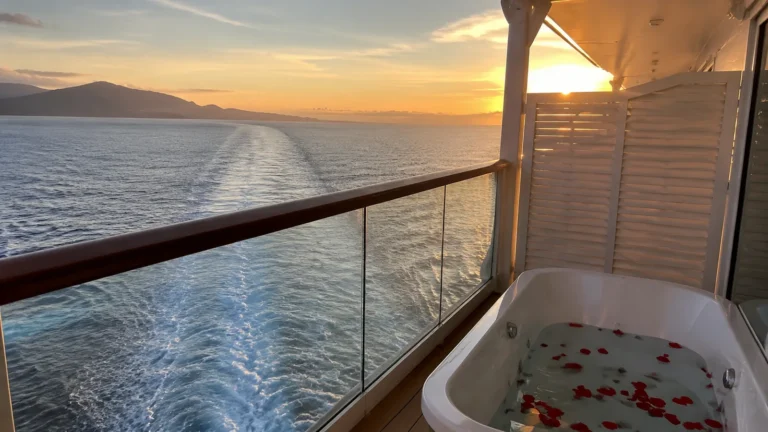 Rose-petal bath on a cruise ship balcony at sunset