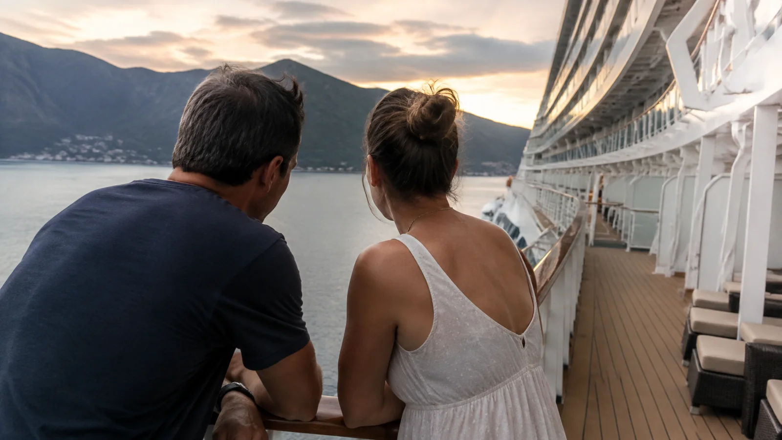 Couple leaning on a cruise ship railing overlooking mountains