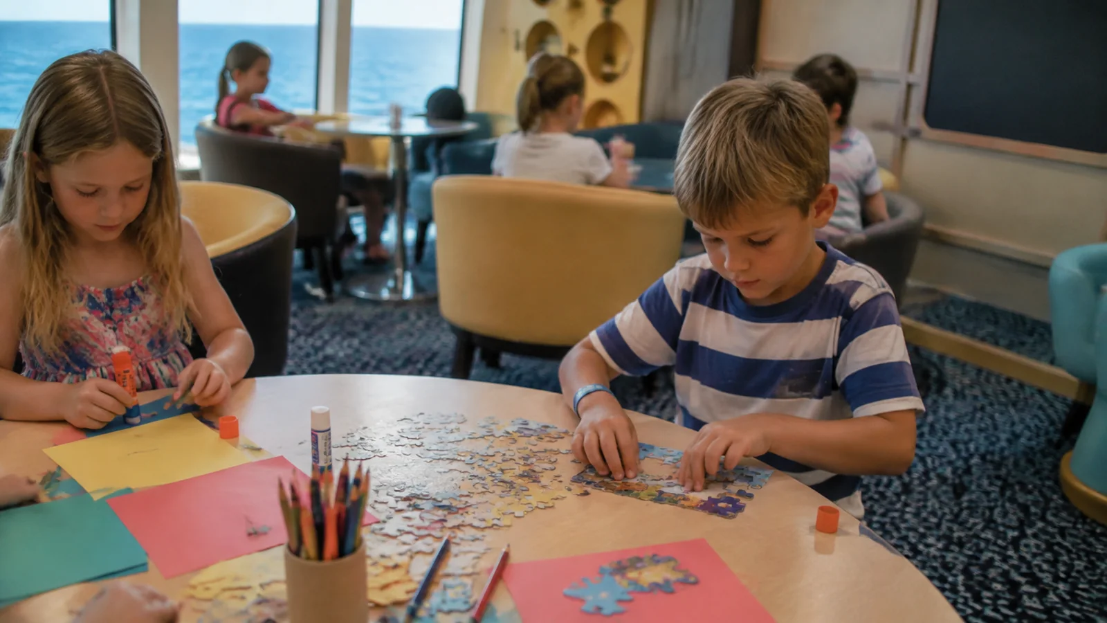 Children making paper crafts at a table beside ocean-view windows.