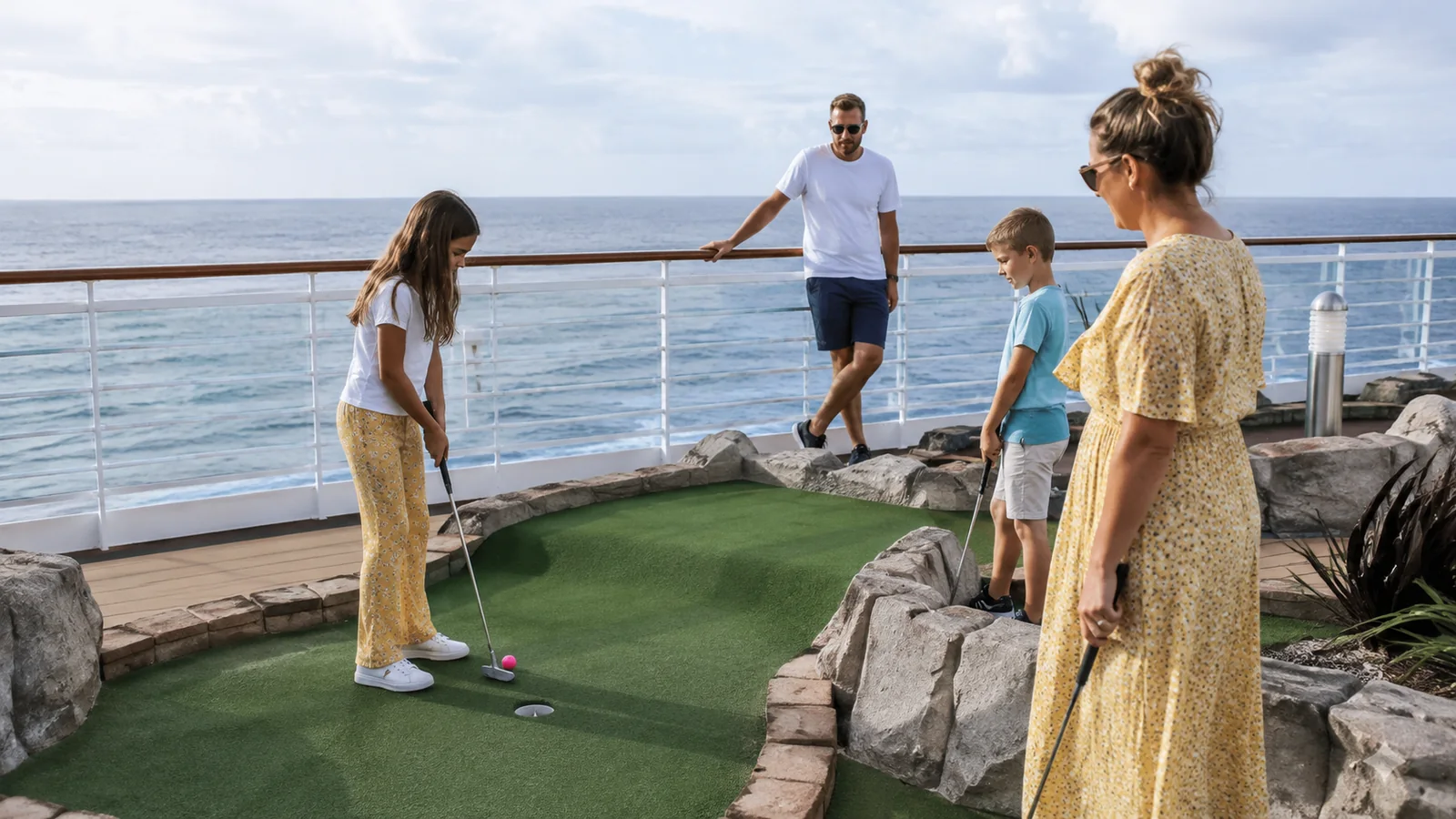 Family playing miniature golf on a ship's open deck.
