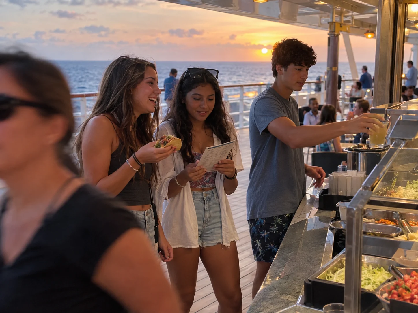 Teens choose casual food along a relaxed cruise-ship promenade.