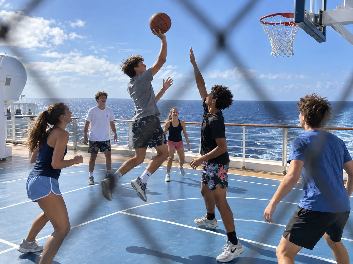 A group of teens makes friends during a basketball game at sea.