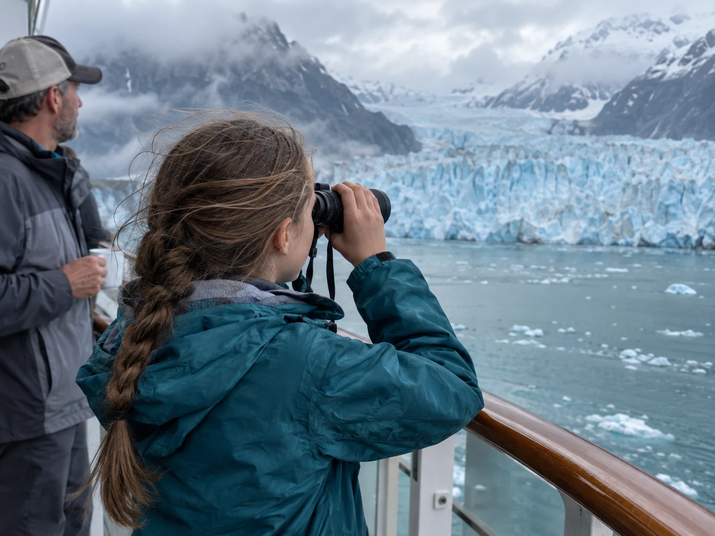 A teenager uses binoculars to watch an Alaska glacier from the ship.