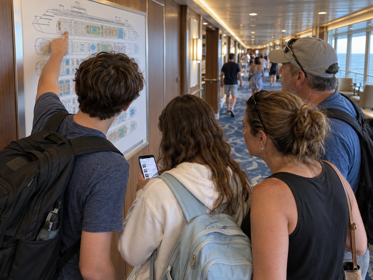 A family checks a ship's deck plan before choosing their cruise.