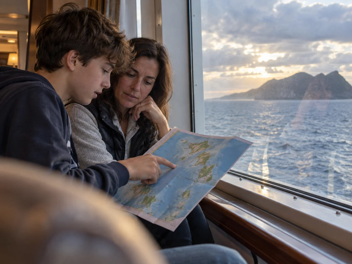 A teen and parent compare a cruise route map beside the sea.