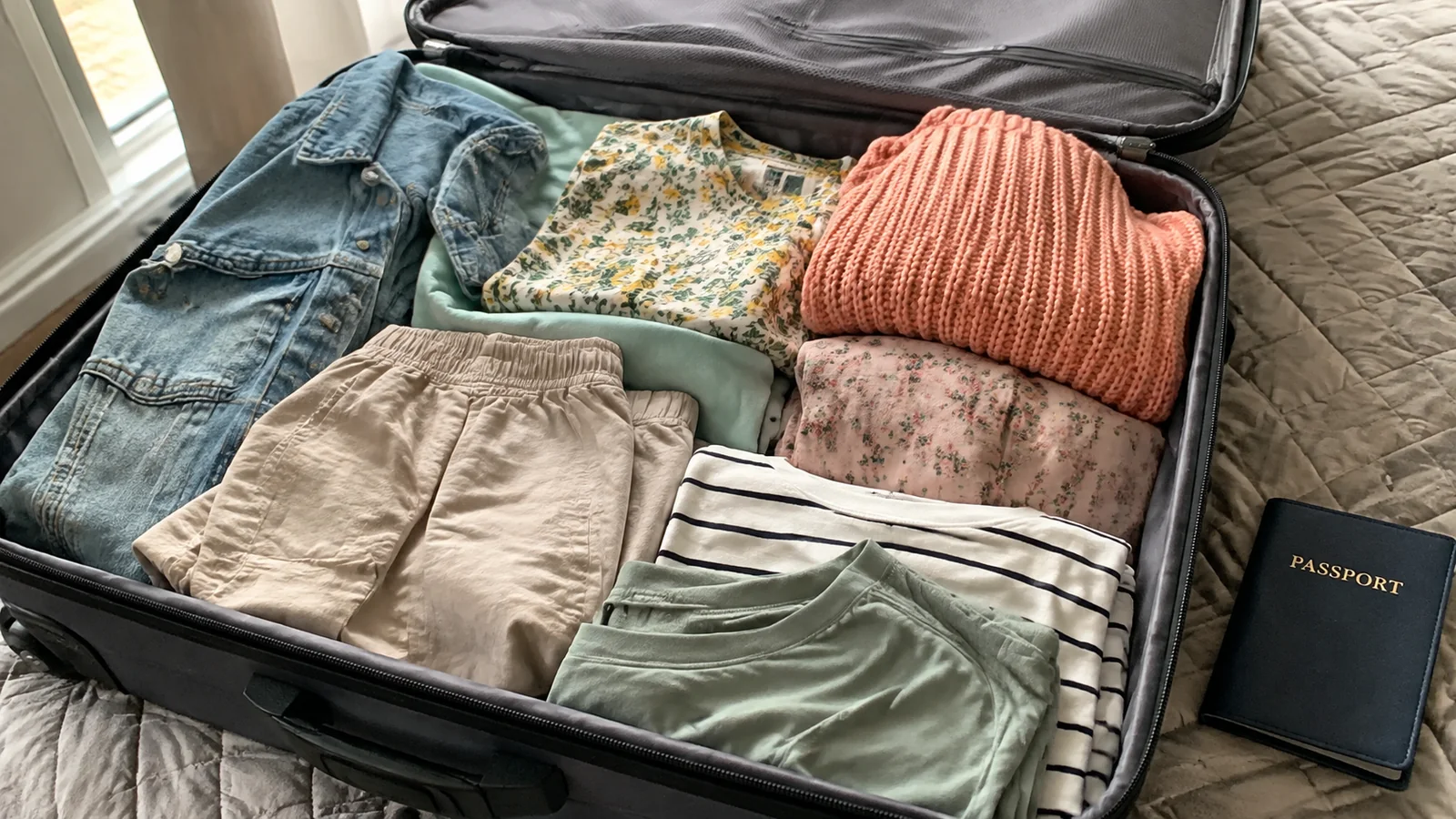 Open suitcase containing folded spring clothes with a passport beside it.