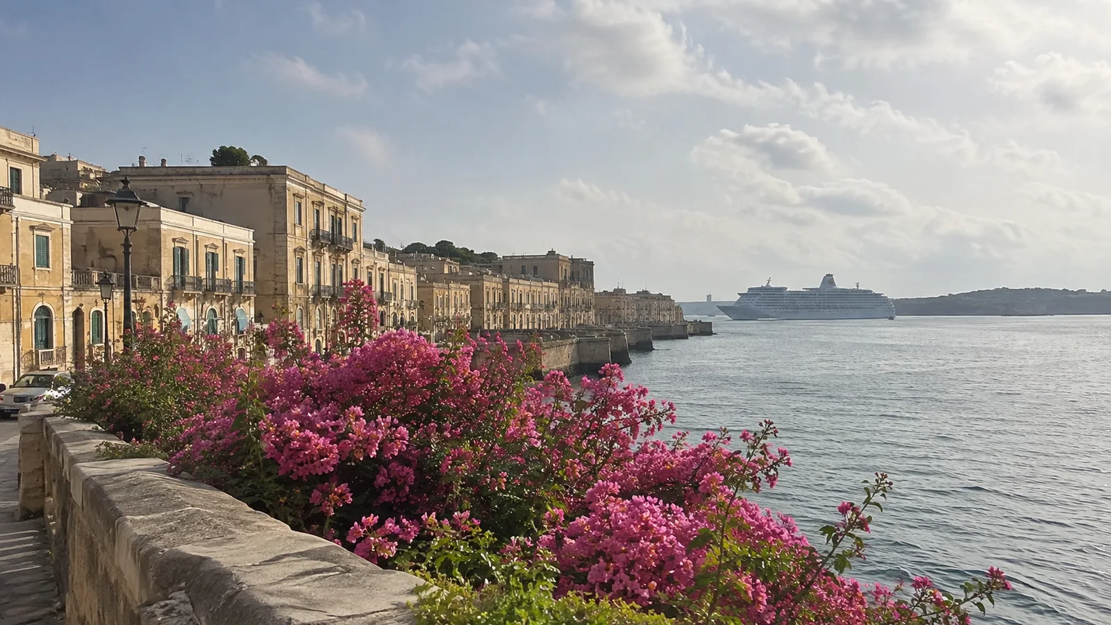 Pink flowers lining a stone waterfront with a cruise ship in the distance.