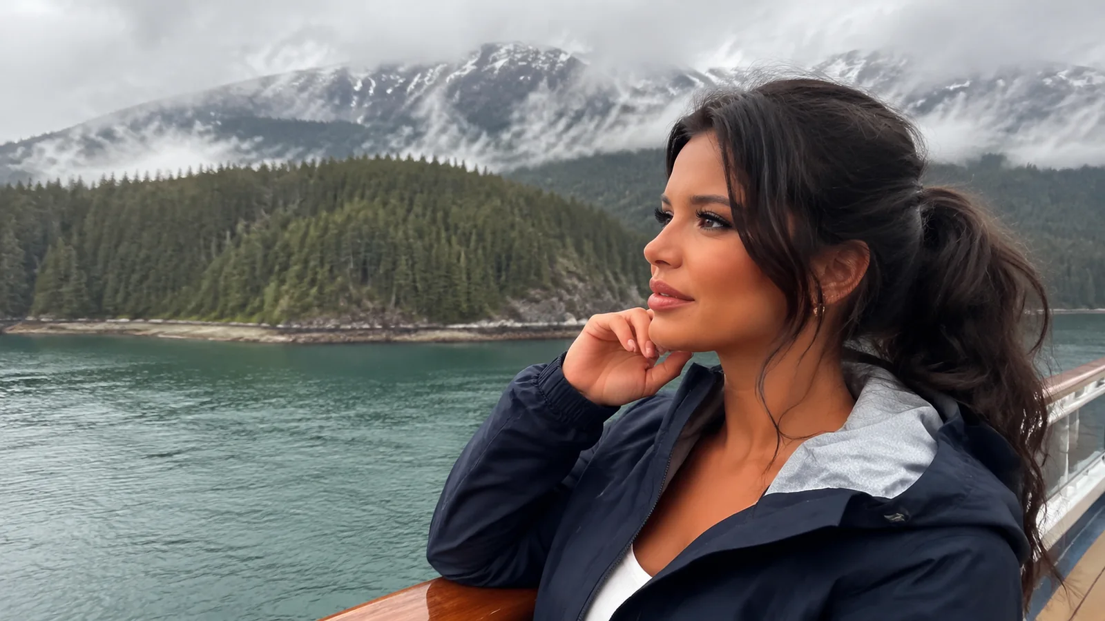 Woman on deck looking toward forested shores and snow-covered mountains.