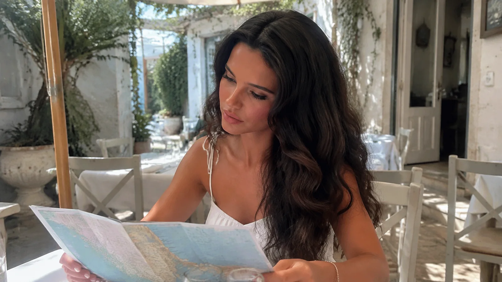 Woman studying a folded map at a cafe table.