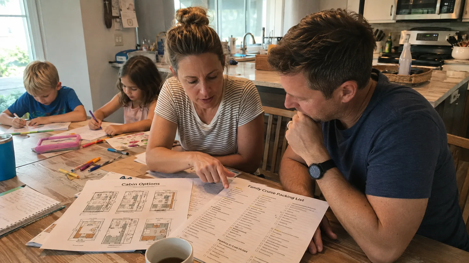 Parents reviewing travel plans at a kitchen table while children draw nearby.