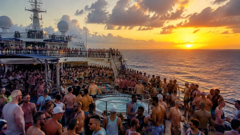 Crowded cruise ship pool deck during a sunset party