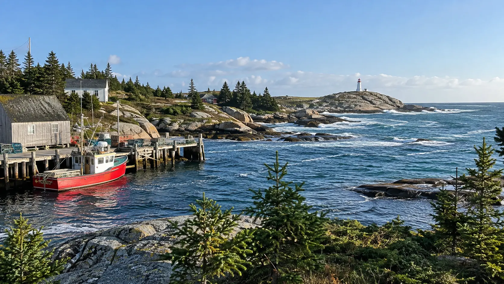 Rugged Nova Scotia coast with a fishing wharf, boat, and distant lighthouse