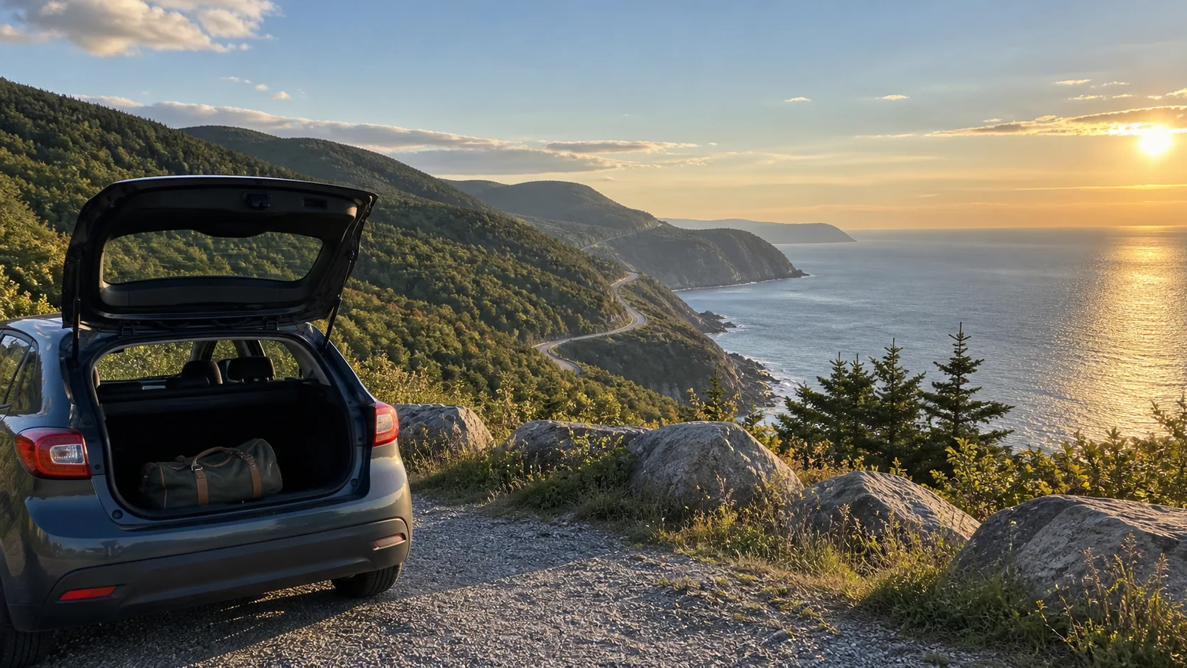 Car stopped at a Cabot Trail overlook above the Nova Scotia coast