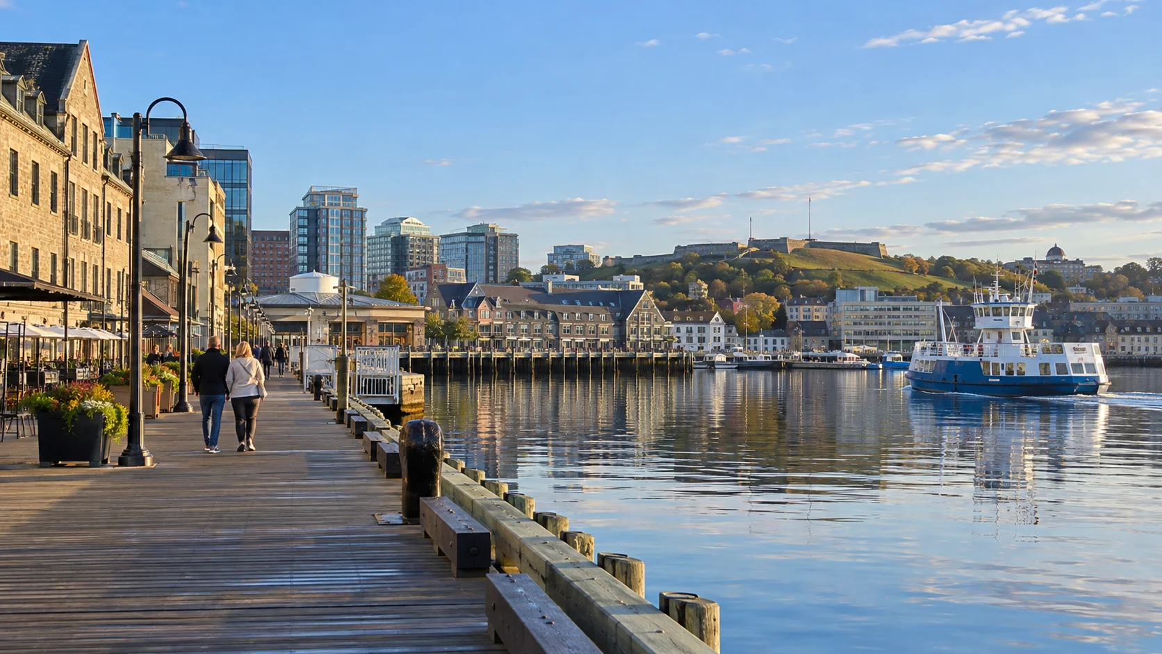 Halifax waterfront boardwalk, historic buildings, and harbor ferry