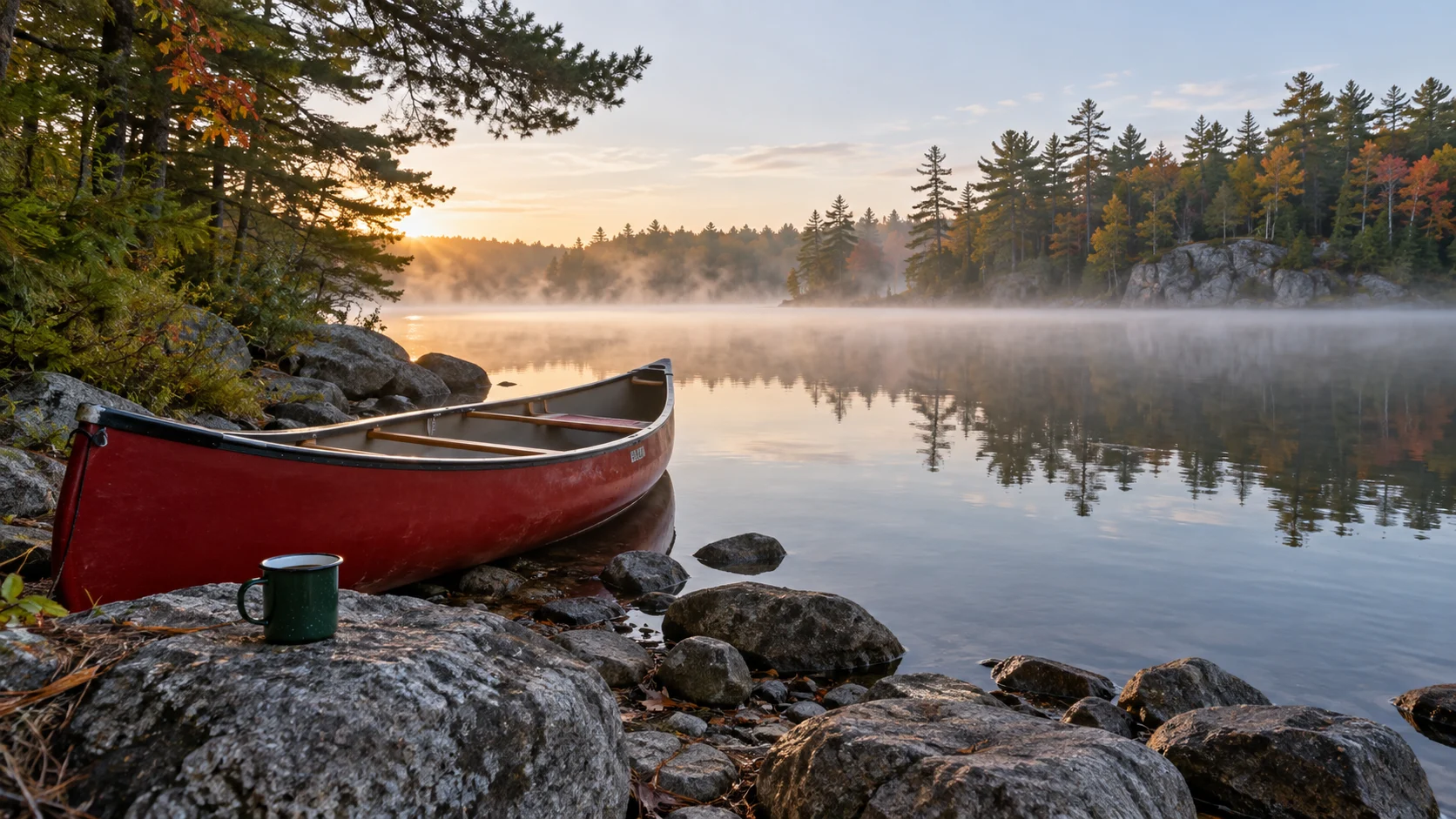 Red canoe on a misty lake shore in Kejimkujik National Park
