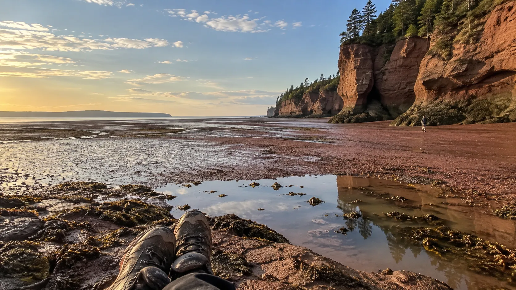 Red cliffs and exposed tidal flats at low tide on the Bay of Fundy