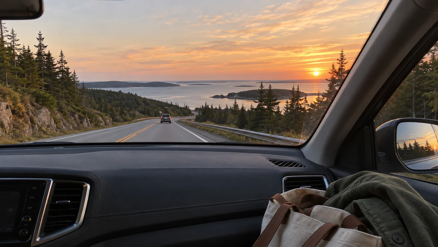 Rural Nova Scotia road opening toward a coastal inlet at sunset