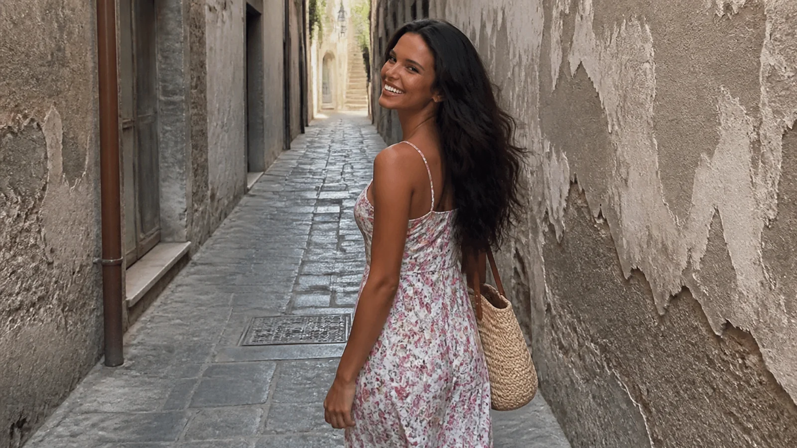 Woman walking a narrow stone alley between weathered walls.