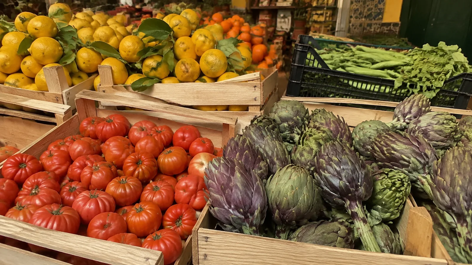 Fresh tomatoes, artichokes, and citrus displayed at a produce market.
