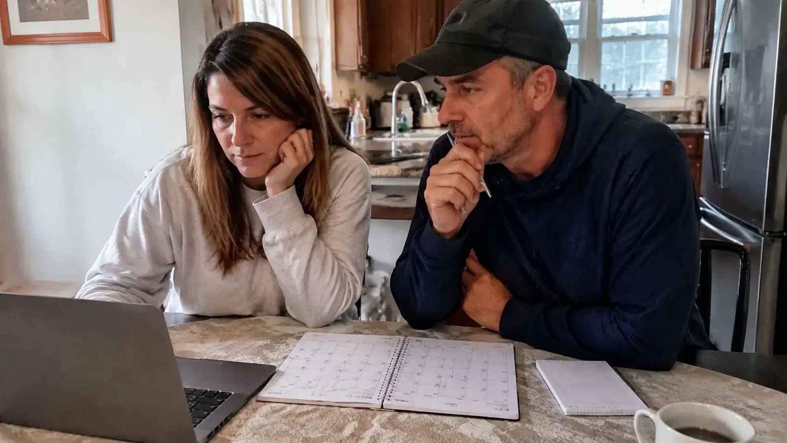 Man and woman reviewing printed pages beside a laptop at a table