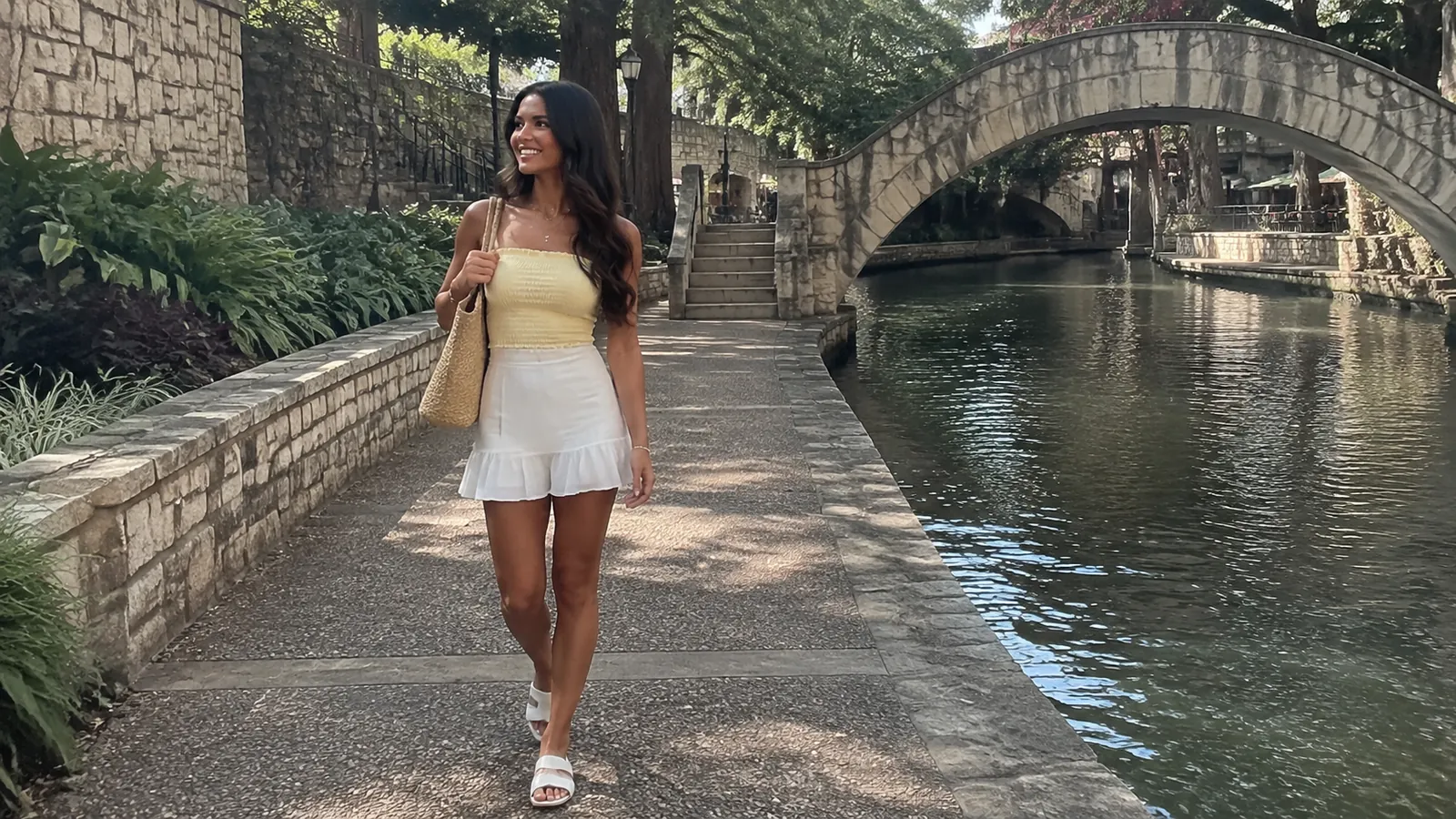 Woman walking beside a canal beneath a stone pedestrian bridge.
