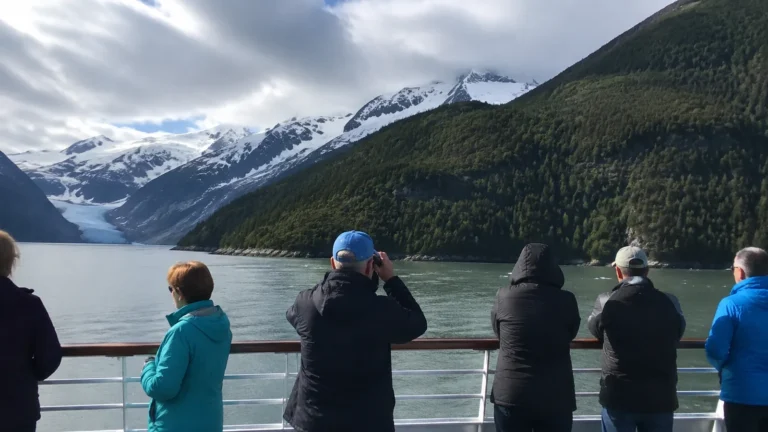 Cruise passengers photographing a glacier between snowy mountains.