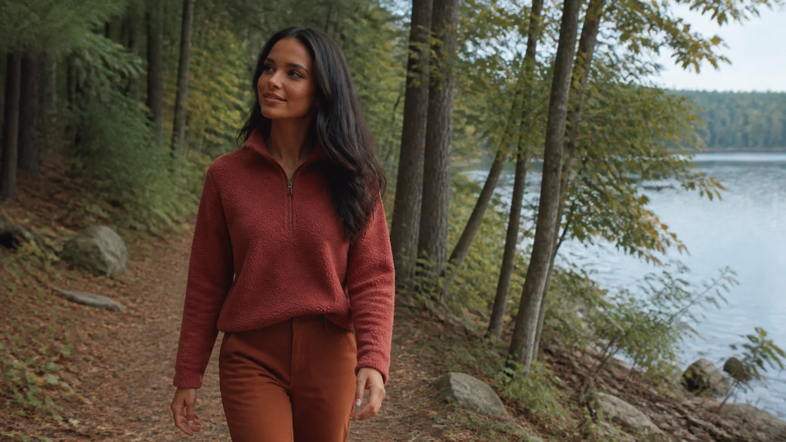 Woman in a rust-colored fleece standing on a wooded trail beside a lake.