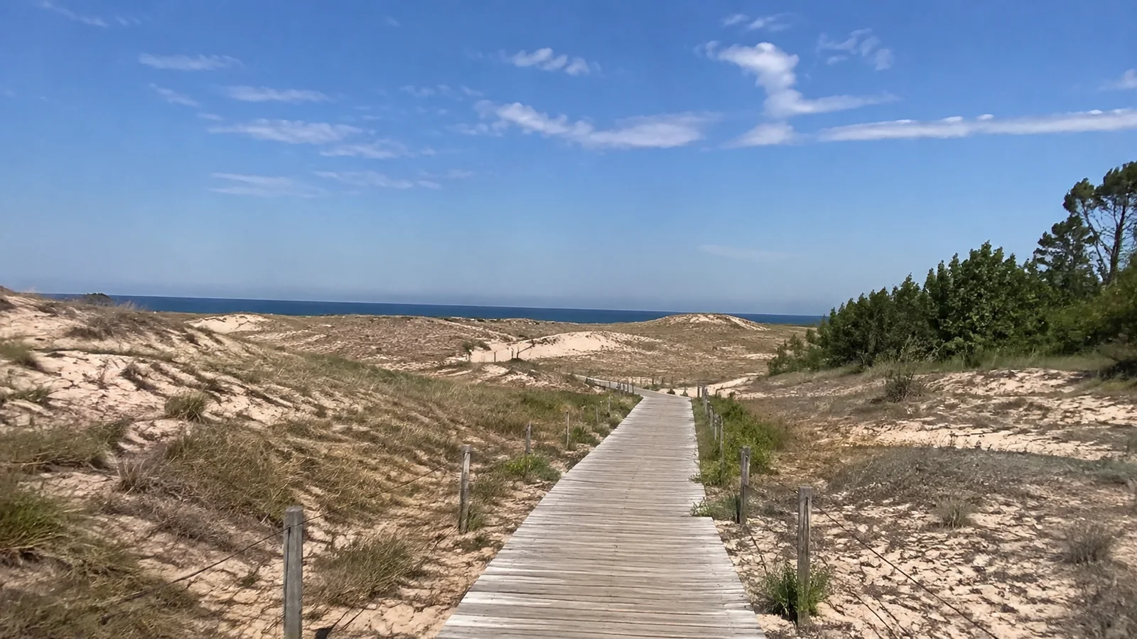 Wooden boardwalk crossing sandy dunes toward a distant blue shoreline.