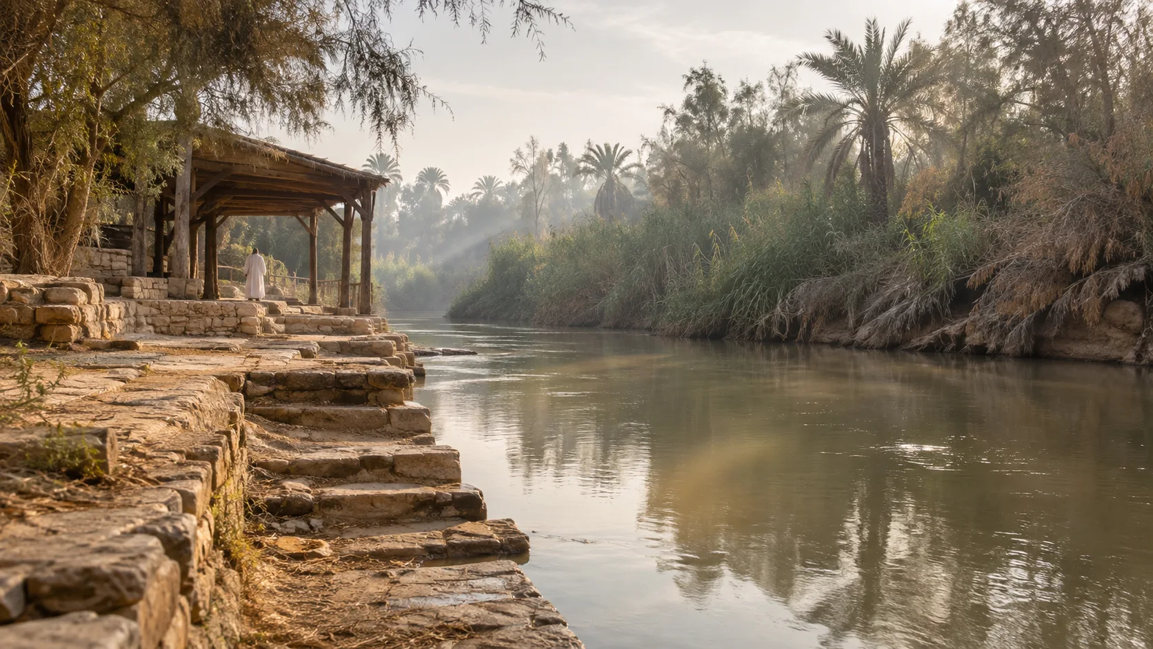 Stone baptism steps leading into the calm Jordan River at Bethany Beyond the Jordan.
