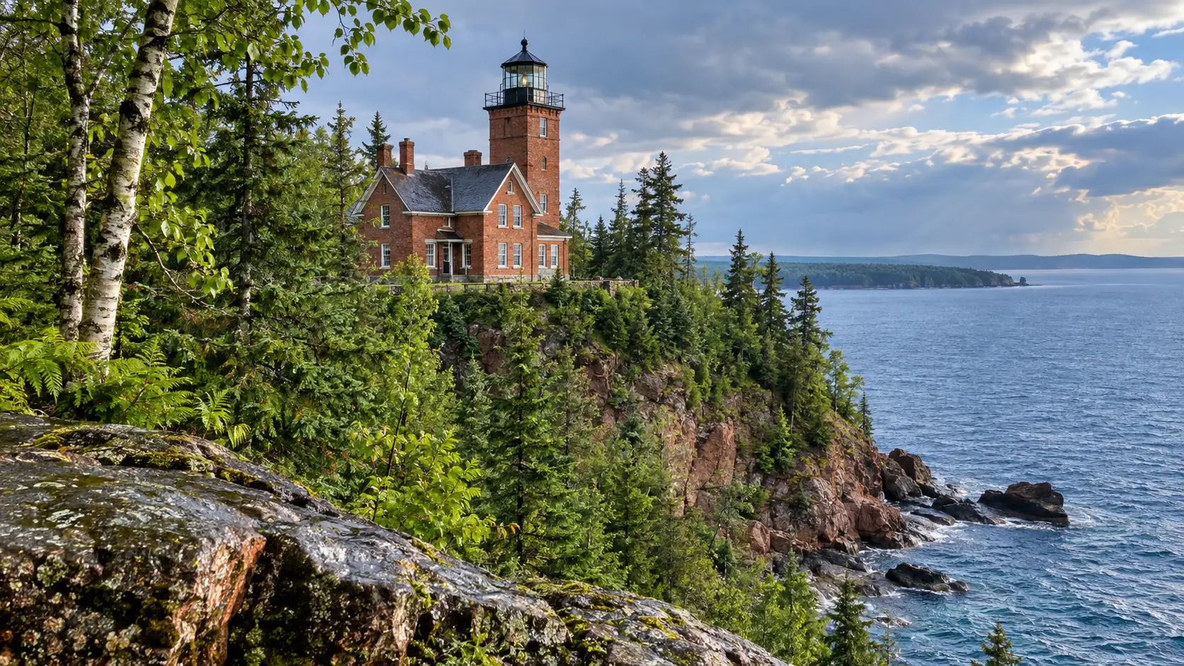 Big Bay Point Lighthouse sits among birch and spruce on a forested Lake Superior bluff.