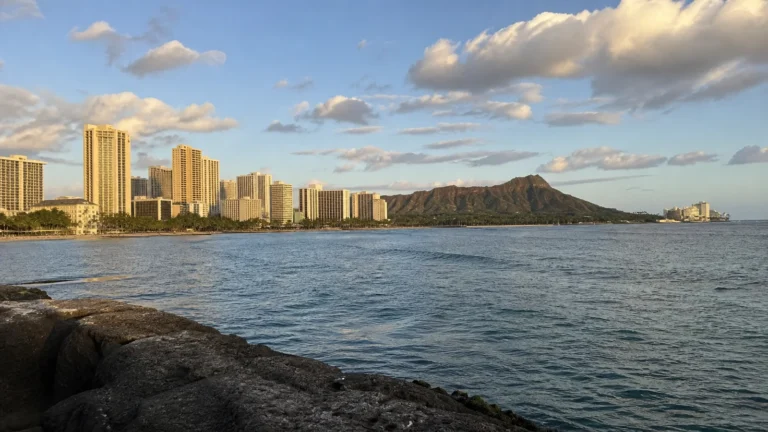 Waterfront high-rises and a volcanic ridge seen across a sunlit bay.