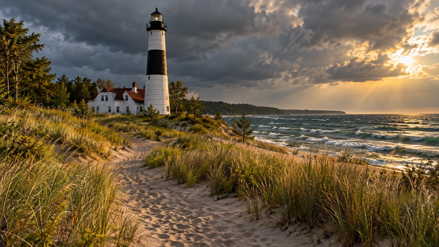Black-and-white Big Sable Point Lighthouse rising above dunes and beach grass on the Lake Michigan coast