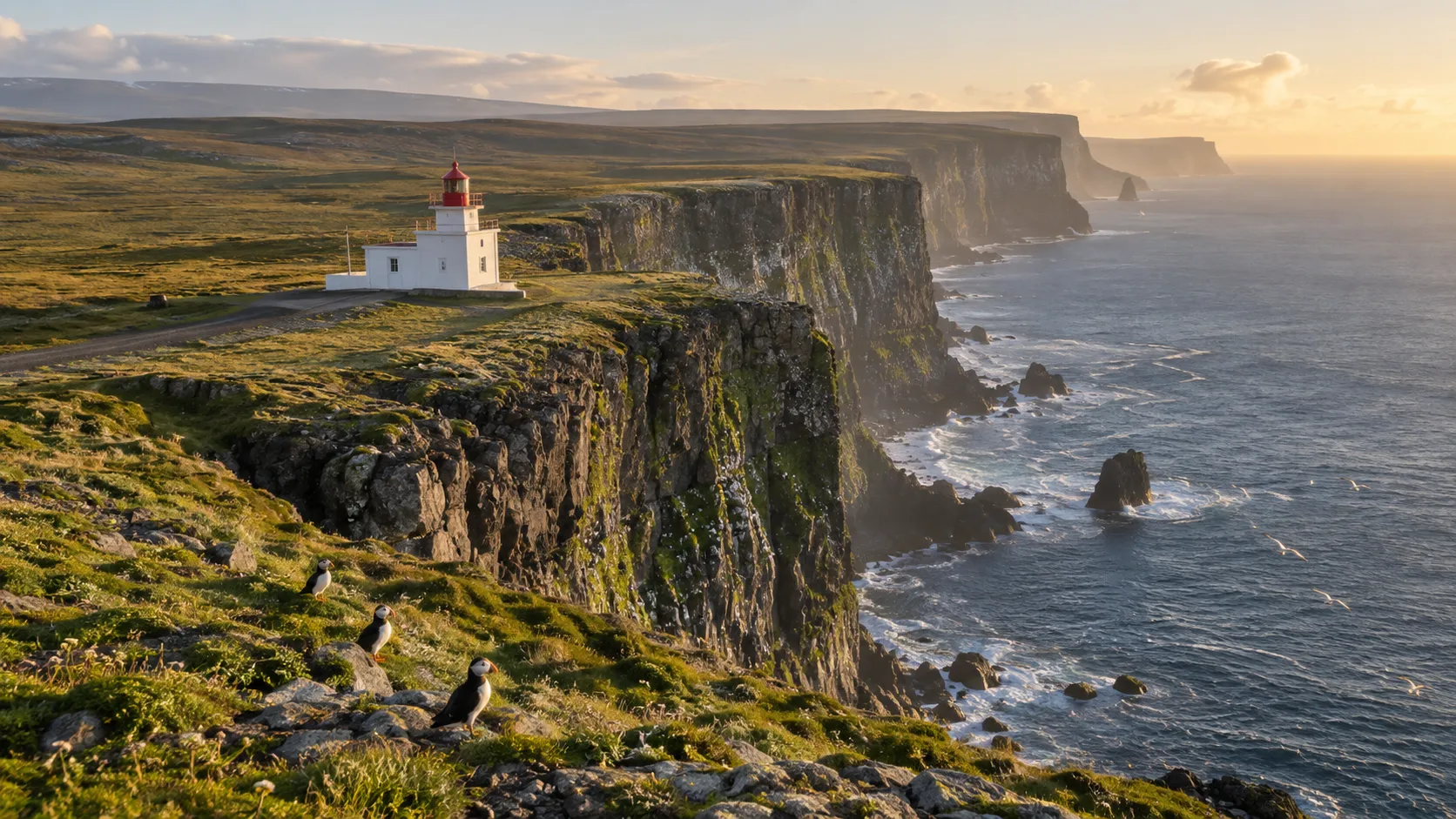 Bjargtangar Lighthouse above the immense Látrabjarg sea cliffs with puffins on grassy turf.