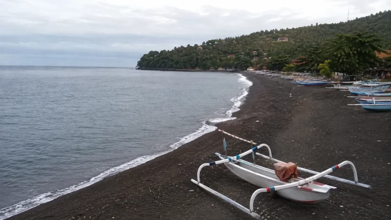Outrigger fishing boats rest on a dark beach beside a tropical village.