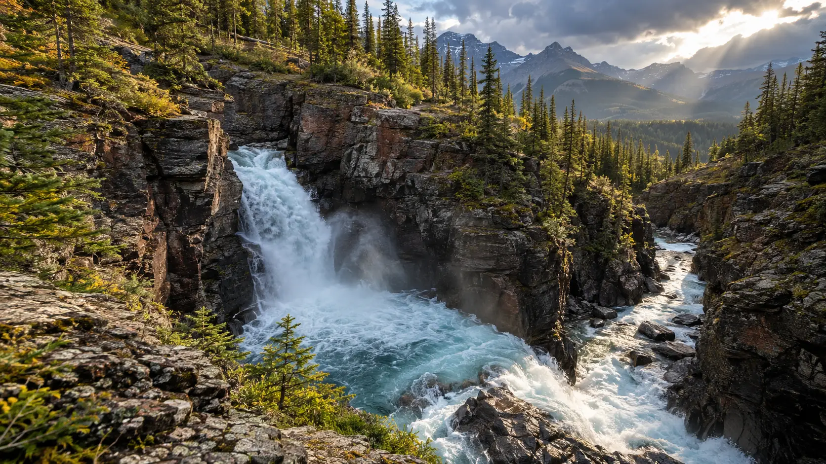 Blakiston Falls surges through a rugged red-rock canyon in Waterton Lakes National Park.