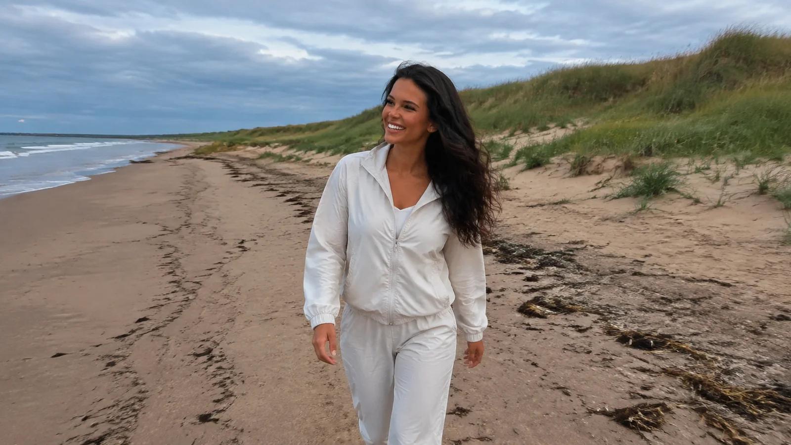 Woman walking a sandy beach beside grassy dunes and waves.