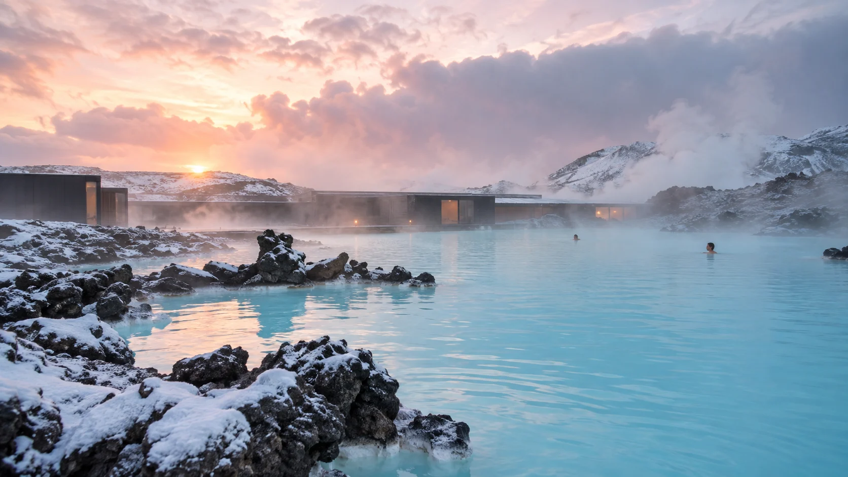 Milky blue geothermal water and snow-covered lava at Iceland's Blue Lagoon
