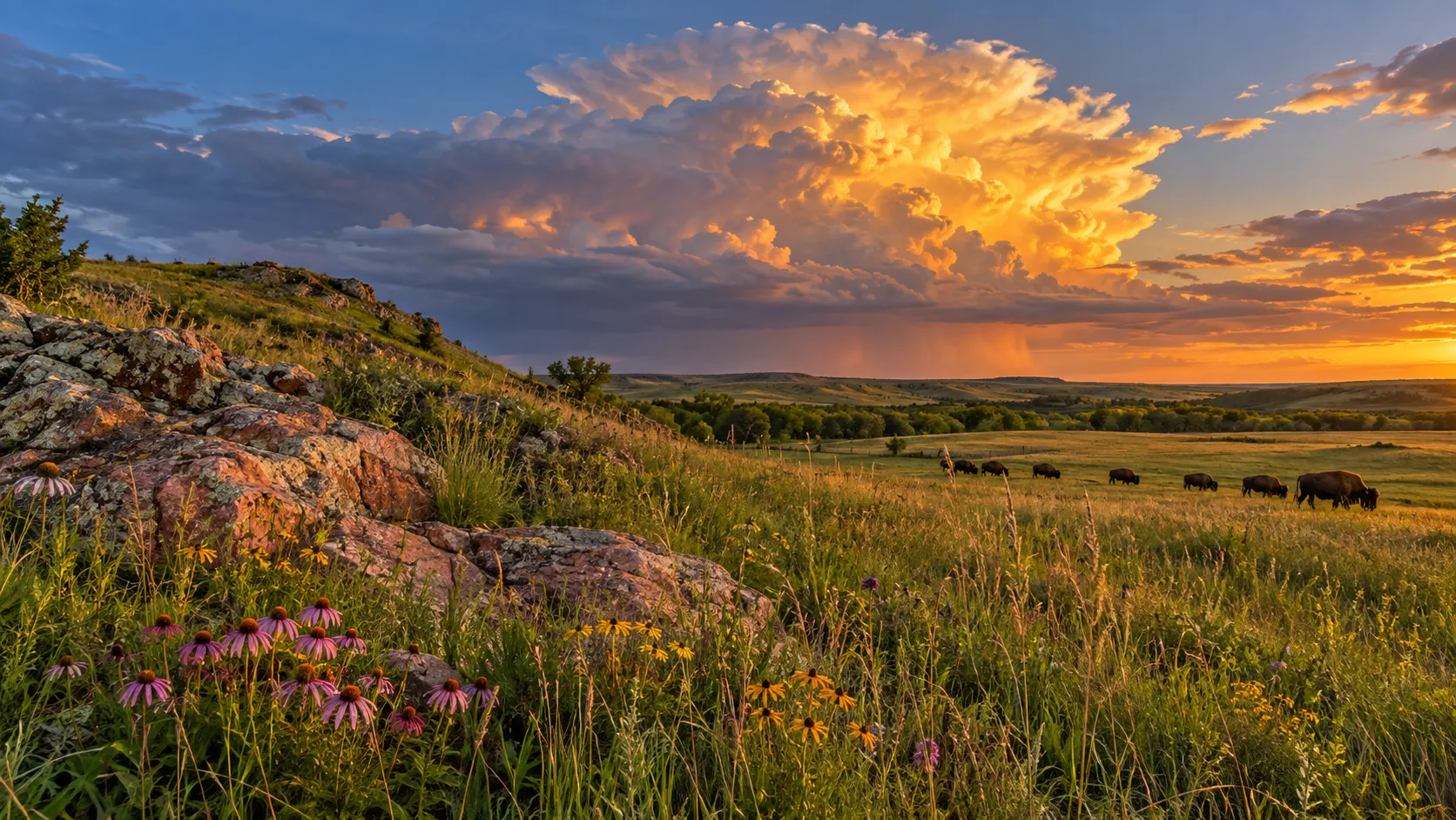 Bison grazing near Sioux quartzite under a glowing prairie storm at Blue Mounds