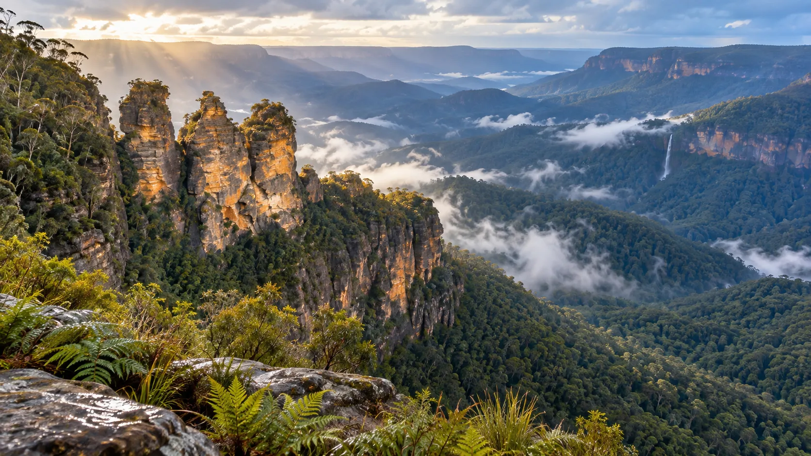 Sunbeams illuminate the Three Sisters above misty eucalyptus valleys in Australia's Blue Mountains.