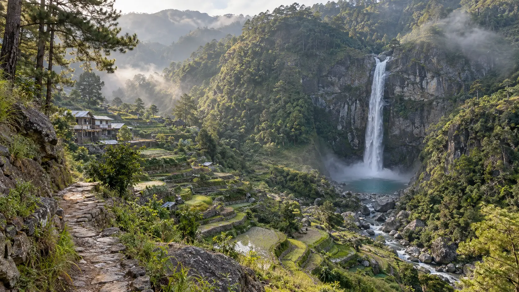 Bomod-ok Falls beyond rice terraces and a mountain footpath in Sagada.